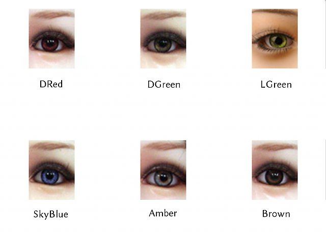 Die sechs Augenfarben von DS Doll im Vergleich: Dunkelrot, Dunkelgrün, Hellgrün,