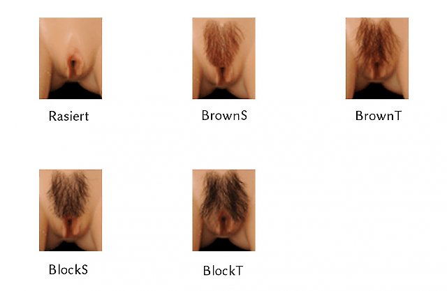 Comparison of Doll Sweet's pubic hair styles: No fur, BrownS, BrownT, BlockS, Bl